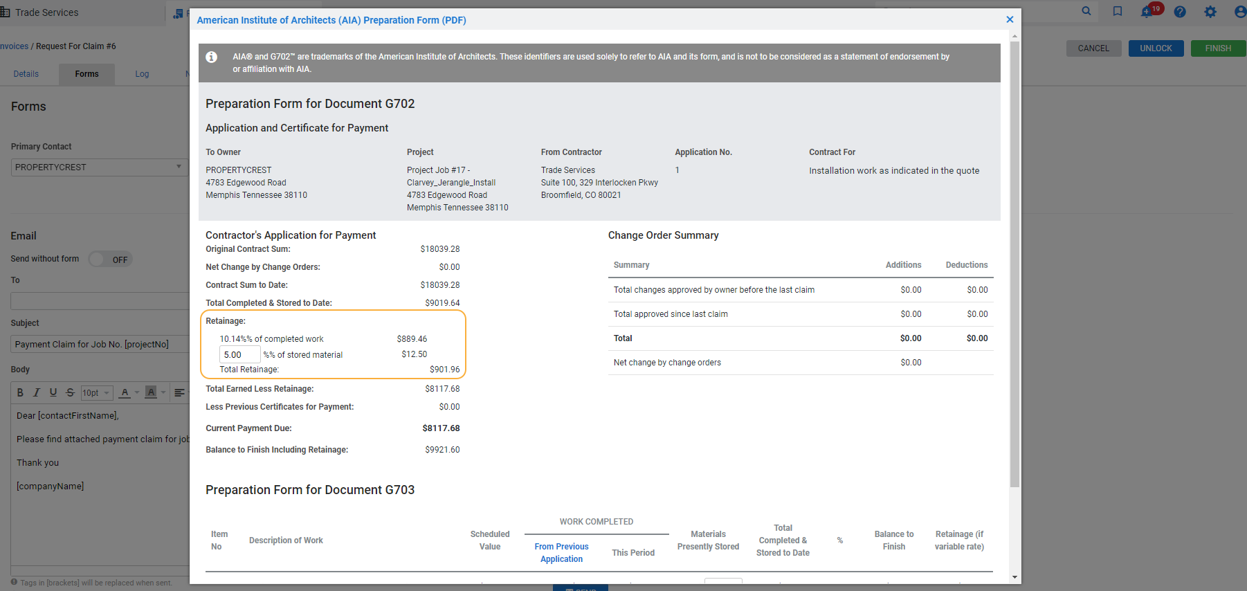 A screenshot of the retainage text box in the Contractor's Application for Payment section.